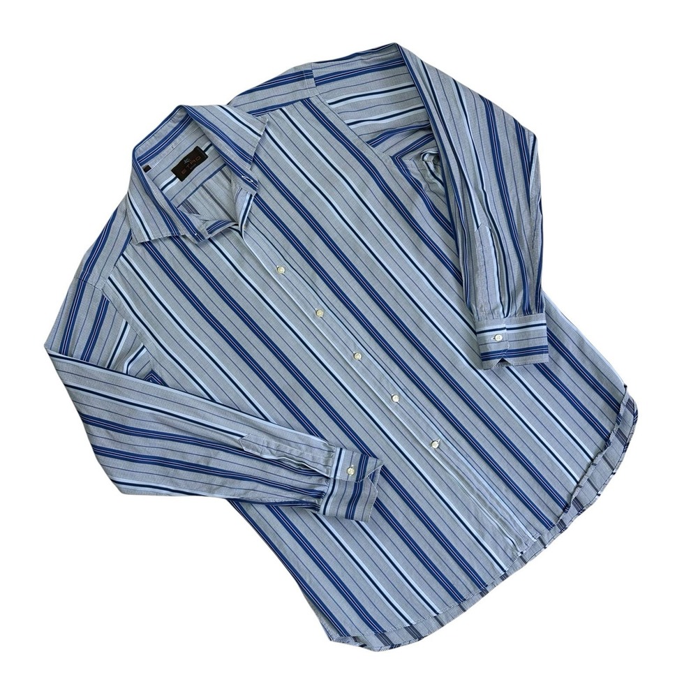 Etro Milano Men 42 Blue Striped Checkered Jacquard Cotton Button Down Shirt Prep